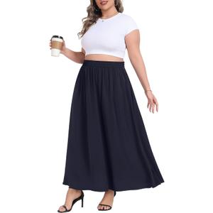 Lastshe Plus Size Maxi Skirts for Women Casual Elastic High Waisted Hide Drawstring Flowy A-line Long Skirt with Pockets (4X)