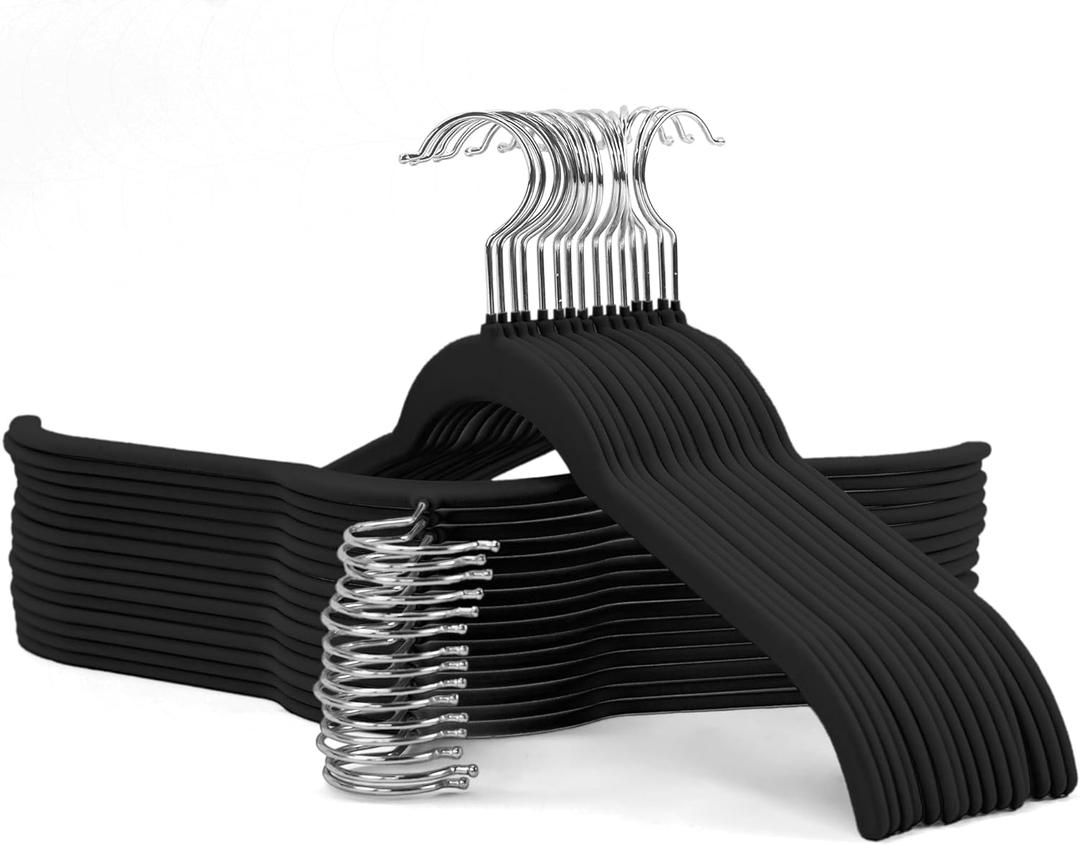 Sishynio 30 Pack Velvet Shirt Hangers, Non-Slip Slim Flocked Clothes Hanger with 360° Swivel Hook, Space-Saving Felt Hangers for Coats, Sweaters, Blouses, Tank Tops(Black)