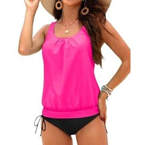 Holipick Pink Blouson Tankini Swimsuits for Women Modest Tummy Control Two Piece Bathing Suits Loose Tankini with Bikini Bottom XXL