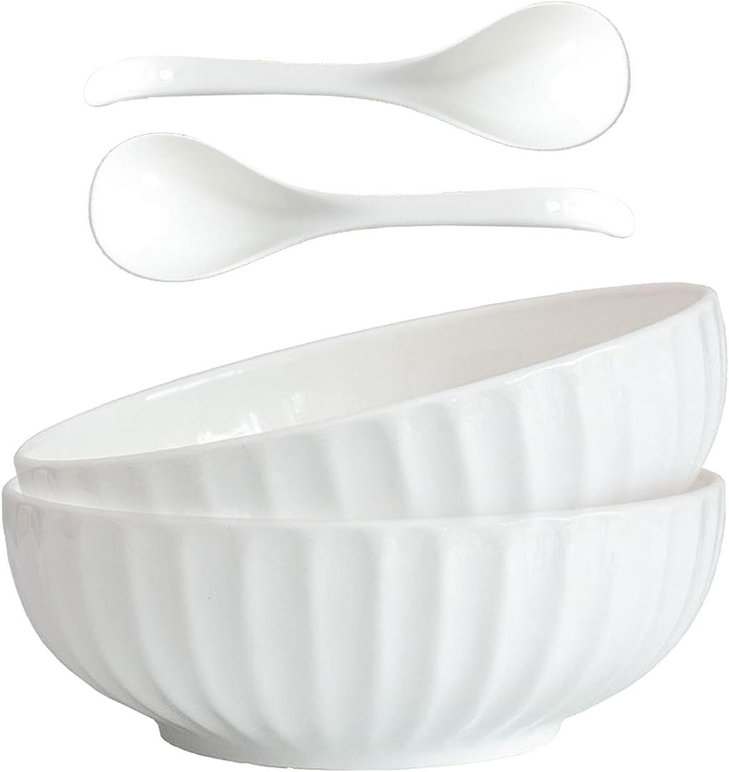 4 Quarts 2 Pcs Extra Large White Serving Bowls with Free Spoons, 12 inch Oversized Big Salad Bowls For Entertaining, Eating, Ceramic Serving Dishes, Pumpkin Serving Bowl Set For Fruit Soup Pasta, Diameter 12 inches