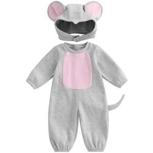 Baby Mouse Costume Boy Girl Long Sleeve Fleece Jumpsuits Romper with Ears Hat Toddler Halloween Outfit. 6-12M