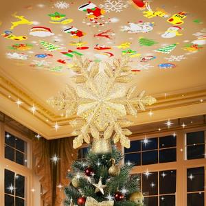 Christmas Tree Topper Lighted with 6 Projection Slides, PliMook Snowflake Christmas Tree Topper LED Rotating 3D Lighted Tree Toppers Glitter Tree Topper Projector for Christmas Tree(Gold)