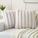 FUTEI Beige Decorative Throw Pillow Covers 20x20 Inch Set of 2, Square Soft Faux Rabbit Fur Thick Striped Cushion Cover,Spring Home Decor for Couch Bed Living Room