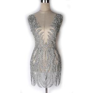 Labellezalady Silver Color Small Rhinestones Bodice Applique, Beaded Large for Half Bodice Applique, Fashion V-Neck Easy to sew on for Bridal Prom Dress (Silver-F2201), S