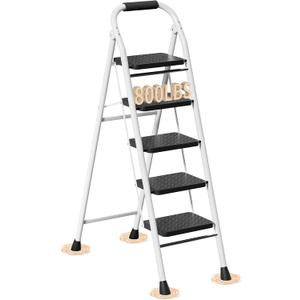 5 Step Ladder, Foldable Step Stool with Wide Anti-Slip Pedal & Thick Rubber Feet, Cushioned Handle, Safe-Lock Design, Folding Portable Ladder for Multi-Purpose, 800lb, White