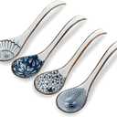 Ceramic Asian Soup Spoon set of 4, Japanese Ramen Spoon with Long Handle Easy to Hold, Suitable for Cereal, Noodle, Chinese Wonton, Pho, Soup Dumpling, Miso, Dishwasher Safe