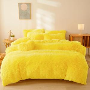 FOPPA Fluffy Comforter Cover Set King- Ultra Soft Plush Yellow Bedding Sets 3 Pieces (1 Fuzzy Duvet Cover + 2 Faux Fur Pillow case) Bed Set (Yellow, King)
