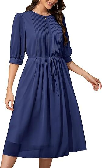 Wldrsd Solid Color Relaxed Dresses 2025 Women's Casual 3/4 Sleeve Crew Neck Flowy Swing A Line Dresses with Pockets (Royal Blue, XL)