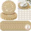 50 Pcs 13.8 Inch Corn Husk Woven Round Placemats Set with Pearl Napkin Rings, Flower Round Woven Placemats Set, Boho Farmhouse Rustic Chargers Mat Bulk for Wedding Party, Dinner Table, 14