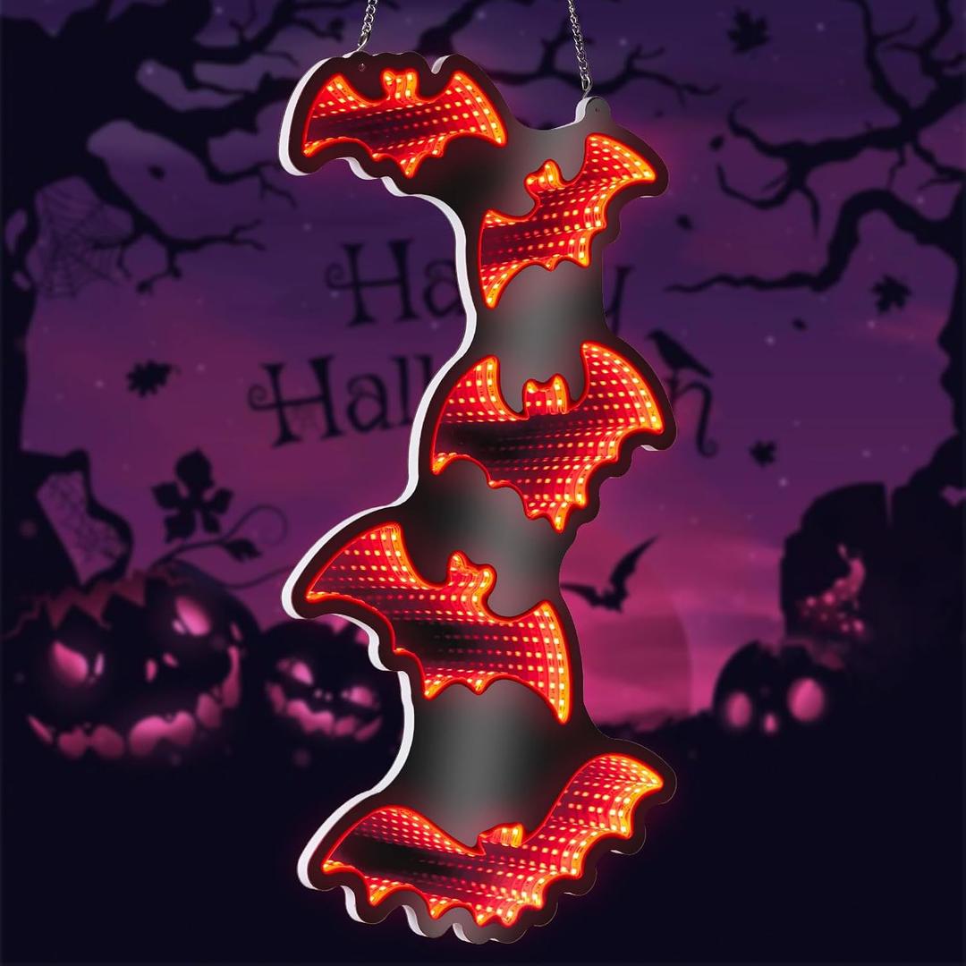 FITNATE Halloween Bat LED Sign, 3D Infinity Mirror Light, Dimmable Spooky Red Glow LED Light for Home Party Halloween Decoration Indoor
