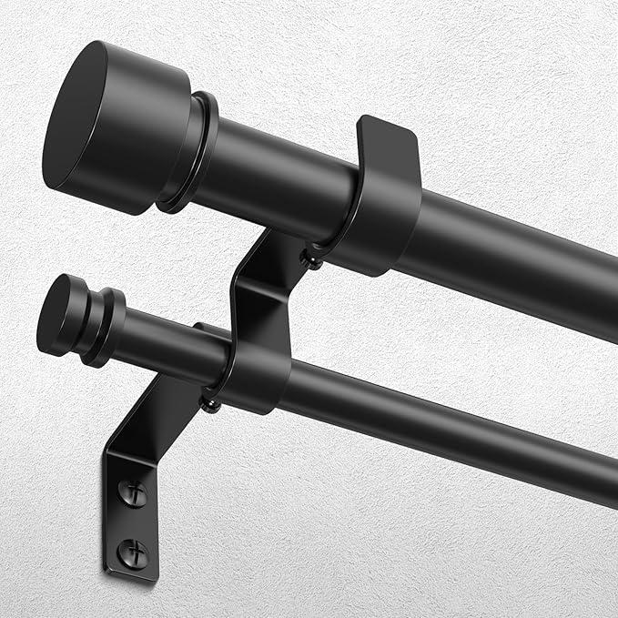 Double Curtain Rod, Black Extra Long Dual Curatin Rod for Windows 72 to 144 Inches, 1" Adjustable Heavy Duty Window Treatment Rods with End Cap Finial, Decorative Spliced Metal Drapery Rods