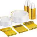 150 PCS Gold Disposable Dinnerware Set for 25 Guests, Gold and White Plastic Plates for Party, 25 Dinner Plates, 25 Salad Plates, 25 Cups, 25 Forks Knives Spoons for Wedding and Party Supplies