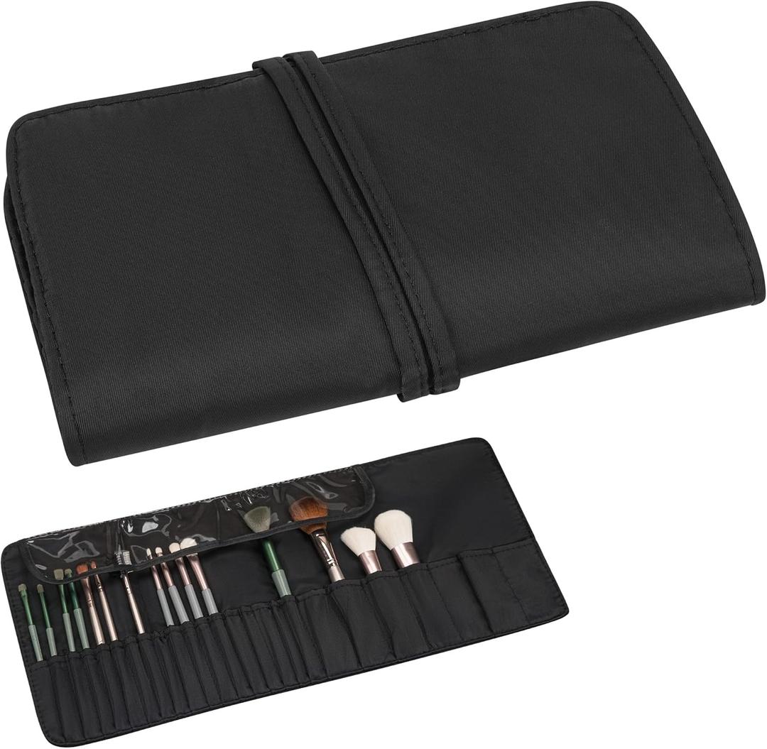 Makeup Brush Holder Organizer with Silicone Cleaning Bowl - 26 Slots Professional Rolling Travel Case, Waterproof Nylon Cosmetic Pouch & Portable Roll Up Bag for Artist (Black)