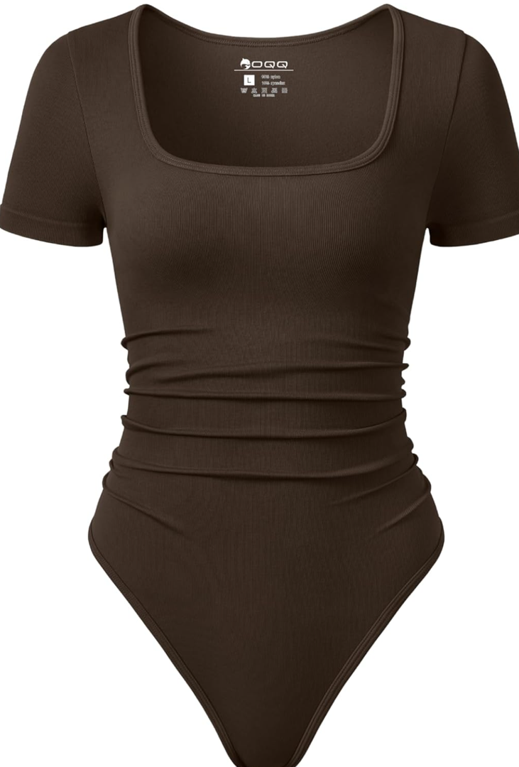 OQQ Women Bodysuits Ruched Short Sleeve Square Neck Stretch Lounge Travel Bodysuits Medium