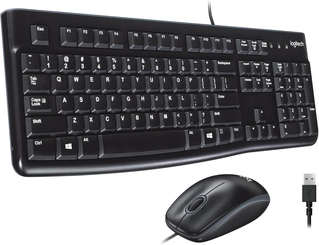 Logitech MK120 Wired Keyboard and Mouse Combo for Windows, Optical Wired Mouse, Full-Size Keyboard, USB Plug-and-Play, Compatible with PC, Laptop - Black