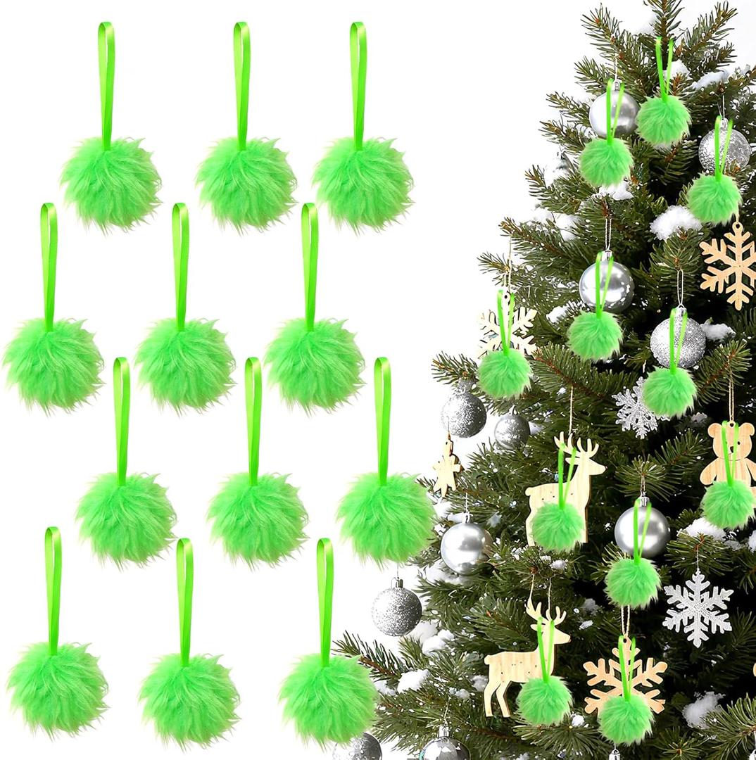 12Pcs Green Furry Christmas Ball Ornaments Green Christmas Tree Hanging Decorations Faux Fur Pom Pom Ball for Xmas Tree Wreath Decor Home Party Supplies
