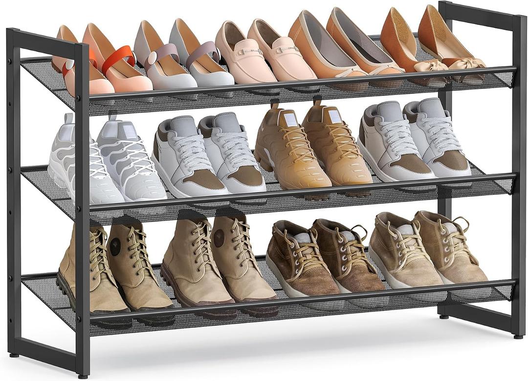 SONGMICS Shoe Rack, 3-Tier Shoe Organizer, Metal Shoe Storage for Garage, Stackable Shoe Shelf, with Adjustable Flat or Angled Shelves, 9-12 Pairs, Ink Black ULMR03B