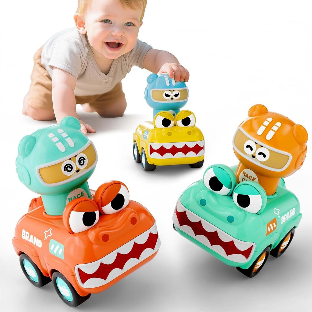 iPlay, iLearn Press to Go Animal Car Toys for Toddlers 1-3, Baby Push Go Friction Racing Cars Toy, 3pcs Infant Play Vehicle Set for 12 18 24 Month, 1st Birthday Gifts for 1 2 3 Year Old Boy Girl Child