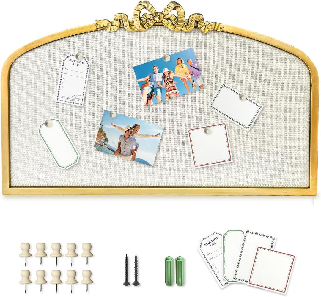 Vintage Arched Linen Cork Board with Gold Bowknot  Decorative Bulletin Board for Walls, Iron Frame Pin Board for Notes, Photos & Reminders, Elegant Vision Board for Home & Office 24"x 15"