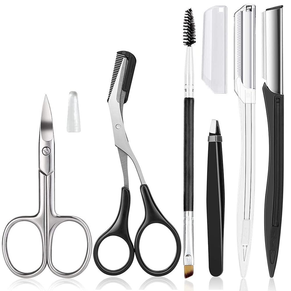 Eyebrow Trimmer Kit, 6 in 1 Eyebrow Scissors, Tweezer, Eyebrow Razor, Shaping Scissors & Brush for Women (Silver)