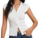MakeMeChic Women's Textured Cap Sleeve Collared Slim Fit Button Down Shirt Tee Tops, Medium 
