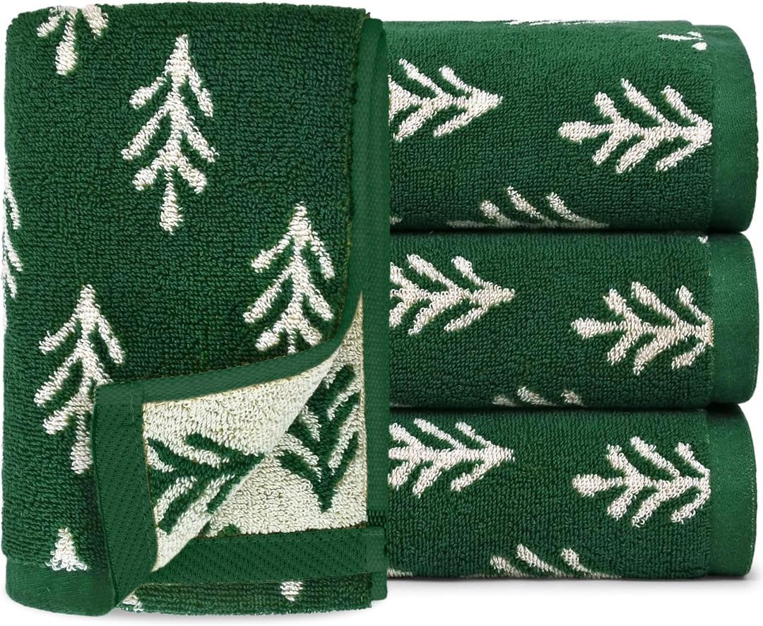 Jacquotha Green Cotton Hand Towels for Kitchen 4 Pack, Christmas Towels Bathroom Holiday Decorations Gifts with Funny Trees, Absorbent Quick Drying Towel for Hand Face Dishes 13 x 29