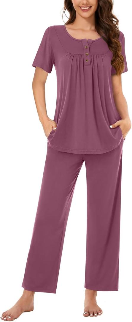 Bestbee Women's Pajama Sets 2 Piece Summer Sleepwear Lounge Outfits Short Sleeve Long Pants With Pockets Ladies Pjs (Purple, L)