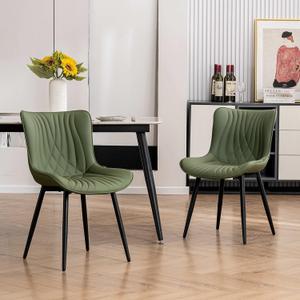 YOUTASTE Dining Chairs Set of 2 Upholstered Mid Century Modern Kitchen & Dining Room Chairs Armless Faux Leather Accent Chair with Padded Back Metal Legs for Bedroom Vanity Lounge, Olive Green