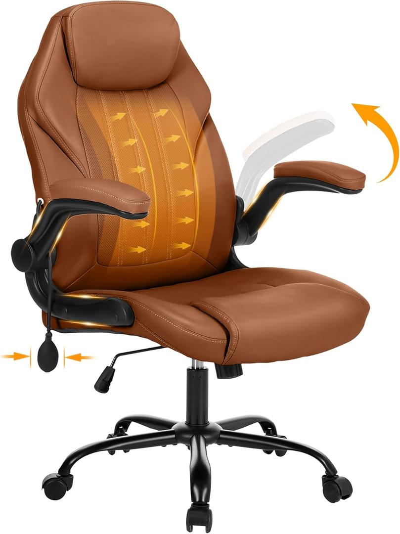 Office Desk Chair, Ergonomic Computer Chair with Padded Flip-Up Arms and Adjustable Lumbar Support, PU Leather Executive Chair with Tilt Lock and 360 Swivel Rolling Wheels for Work, Study (Brown)