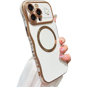 ZONRW for iPhone 12 Pro Max Case Magnetic,for Women Girls Soft Cute Wave Frame Curly Shape Love Heart Luxury Plating Phone Case Compatible with MagSafe Shockproof Back Cover 6.7"-White