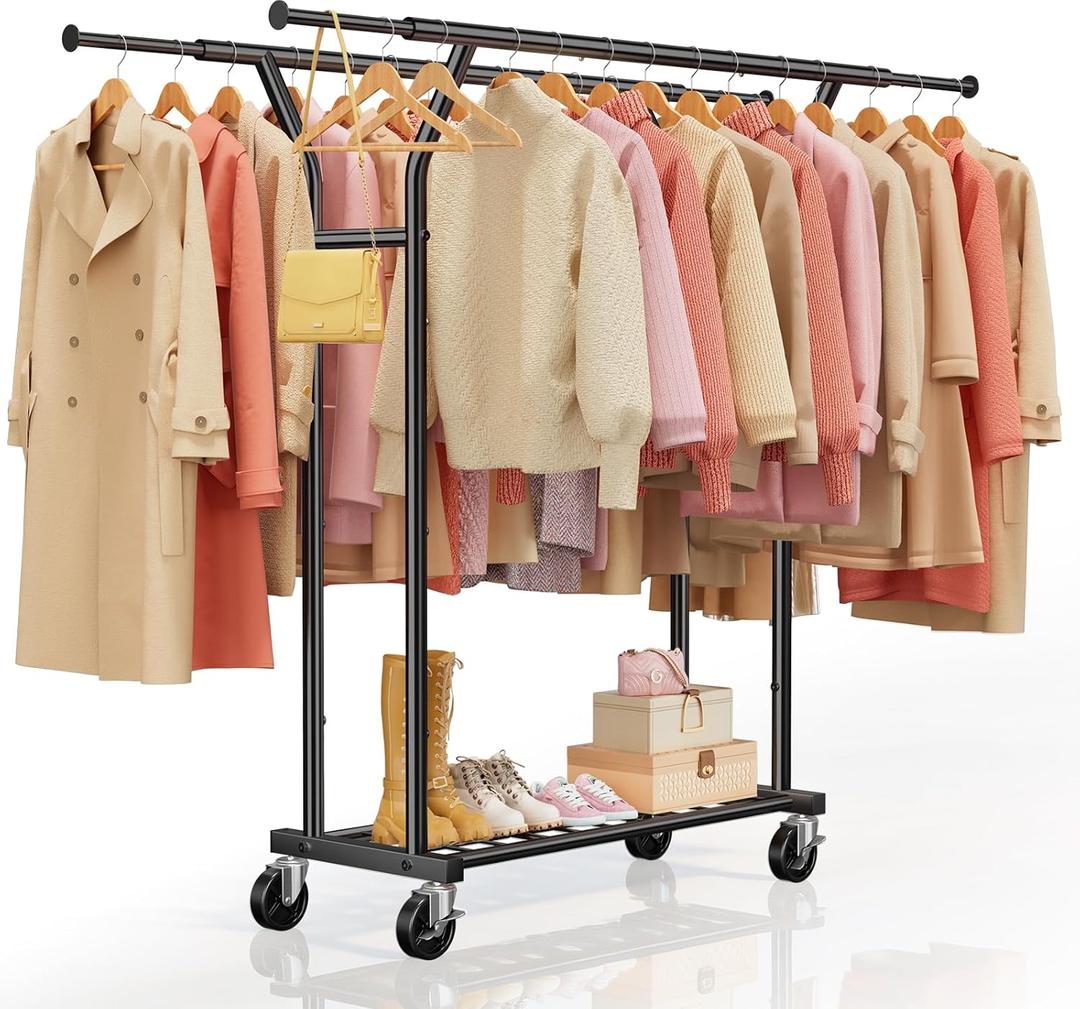 Heavy Duty Clothes Rack - Load 620 LBS, Rolling Clothing Rack for Hanging Clothes with Lockable Wheels & Shelves, Extendable Double Rod Garment Rack for Bedroom, Laundry, Living Room (Black)