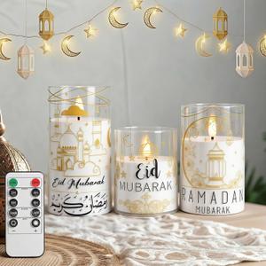 Huquary 3 Pcs Eid Mubarak Pillar Flameless Candles with Remote Ramadan Decorations Ramadan LED Flickering Candles Battery Operated Plastic Pillar Candlesticks for Eid Fit Gifts Home Decor, 3", 5", 6"