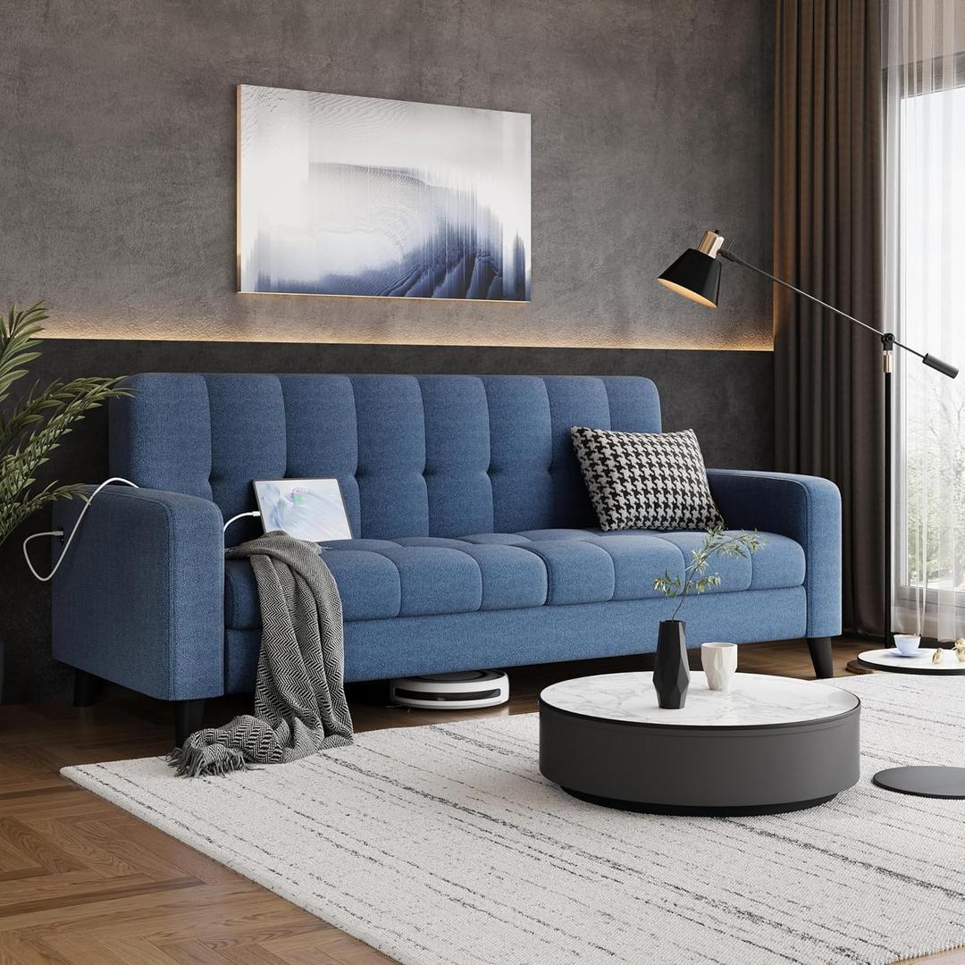 Yaheetech 2-Seater Fabric Sofa Loveseat with USB Ports Mid-Century Modern 65 W Couch Sofa with Solid Wood Legs for Living Room Apartment Bedroom Office Blue