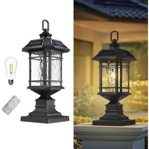 Emliviar Integral Solar Lamp Post with Fixed Pire Mount Base, Matte Black LED Fence Deck Pilllar Lighting for Patio, Portable Outside Solar Panels Lamp with Water Grain Glass, 2084P-ML SL BK (17.5 Inch)