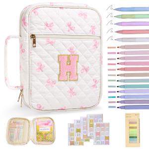 Nayno Initial Bible Cover Case for Women Girls Kid Large Bible Cover with Durable Handle Quilted Bible Carrying Case for Girls Bible Study Supplies Accessories (Pink Bow H, one size)
