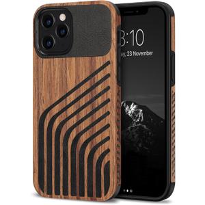 TENDLIN Compatible with iPhone 12 Pro Case/iPhone 12 Case Wood Grain with Carbon Fiber Texture Design Leather Hybrid Slim Cover (Hairline)