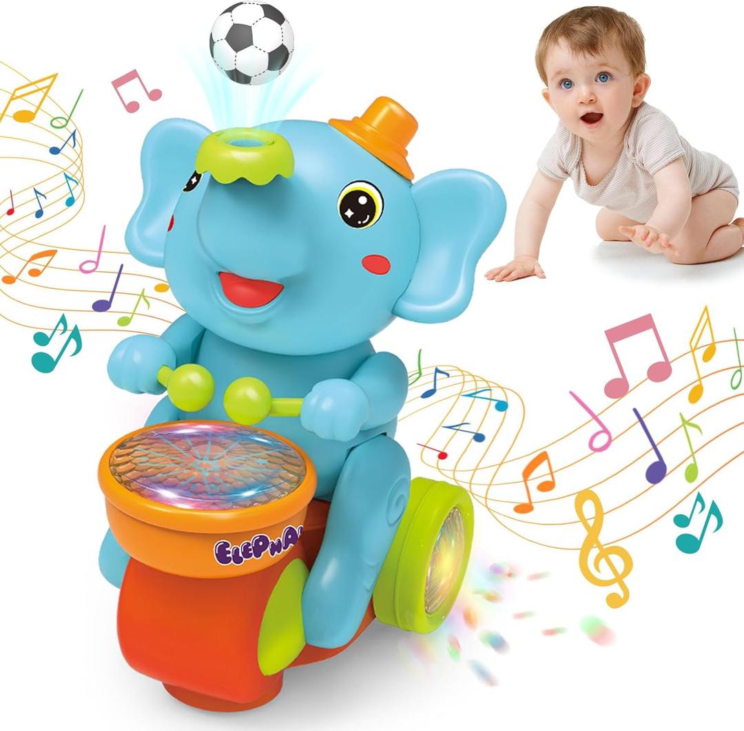 Baby Elephant Musical Crawling Toy with Lights, Sounds, Blowing Ball, Infant Sensory Toys, Birthday Gifts for Kids Boy Girl 3 4 5 6 7 8 Years (Blue)