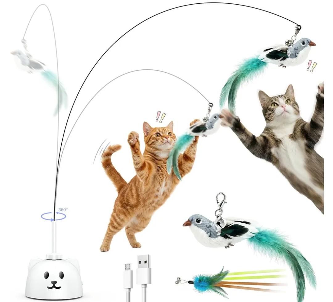 Interactive Cat Toys for Indoor Cats - Automatic Flying Bird Feather Toy, USB Rechargeable Electric Cat Teaser with Sticky Suction Base, Smart Motion Activated Self-Play Enrichment Toy for Bored Cats