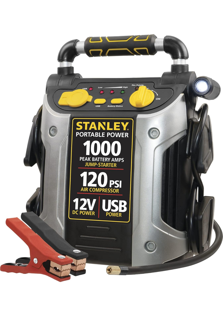 STANLEY J5C09 Portable Power Station Jump Starter 1000 Peak Amp Battery Booster, 120 PSI Air Compressor, USB Port, Battery Clamps