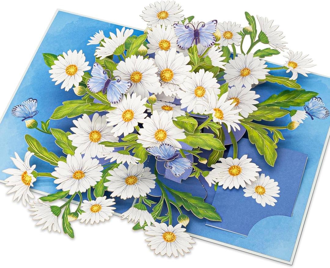 2 x Daisy Pop Up Cards, White Daisy, Butterfly, 3D Greeting Cards, Gifts for Birthday, Mothers Day, Valentines Day, Mom, Wife, Girlfriend, Sister, 5x7 - Includes Envelope And Message Note