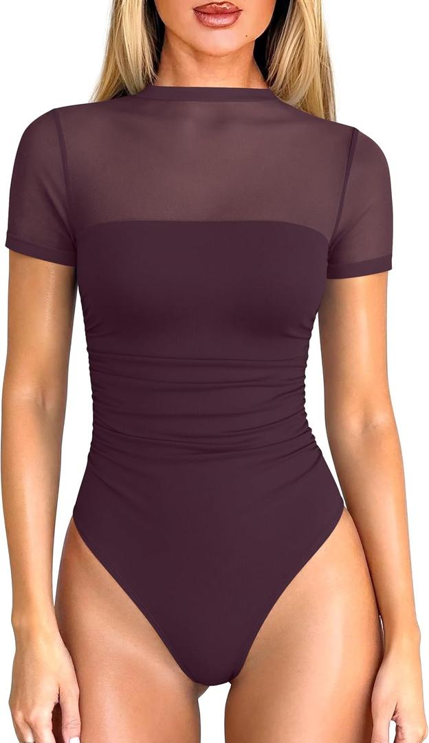 OQQ Women Short Sleeve Bodysuit Tummy Control Shapewear Mesh One Piece Leotard Shirts Going Out Tops, XL