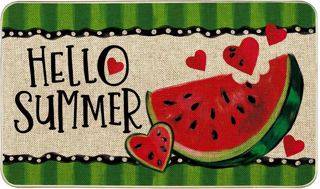 Hello Summer Watermelon Doormat, Cute Fruit Welcome Doormats Front Door Mat Non-Slip Entrance Mat Low Profile Kitchen Floor Rug Decor for Home Kitchen Patio 17 x 29 Inch