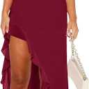 MIYIEONZ Women Sexy V Neck Sleeveless Mesh Ruffle Hem Bodycon Maxi Casual Backless High Slit Medium Red Cocktail Party Dress