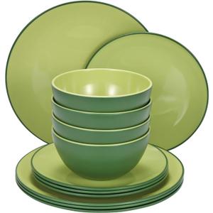 TP 12-Piece Melamine Dinnerware Sets, Plates and Bowls Dishes Set for 4, Break-Resistant & Non-Microwavable, Lightweight Dinner Plates, Avocado Green
