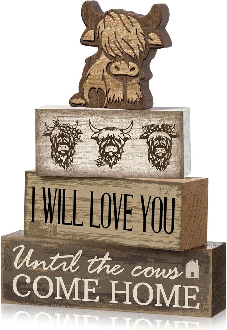 Moucuny 4 Pcs Highland Cow Table Decorations Rustic Western Tiered Tray Decor Decorative Highland Cow Block Signs Western Tabletop Centerpieces Farmhouse for Home Desk Room Kitchen Shelf Decor