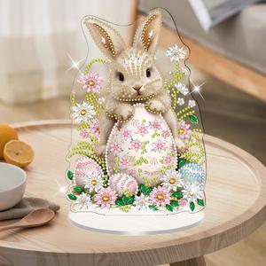 NSSHEL 1 Pcs Easter Tabletop Diamond Painting Ornament Cute Bunny Eggs Flower Designs Easter Diamond Painting Double Sided Acrylic Stand Up Desk Art Ornament for Home Holiday Themed Table Decorations