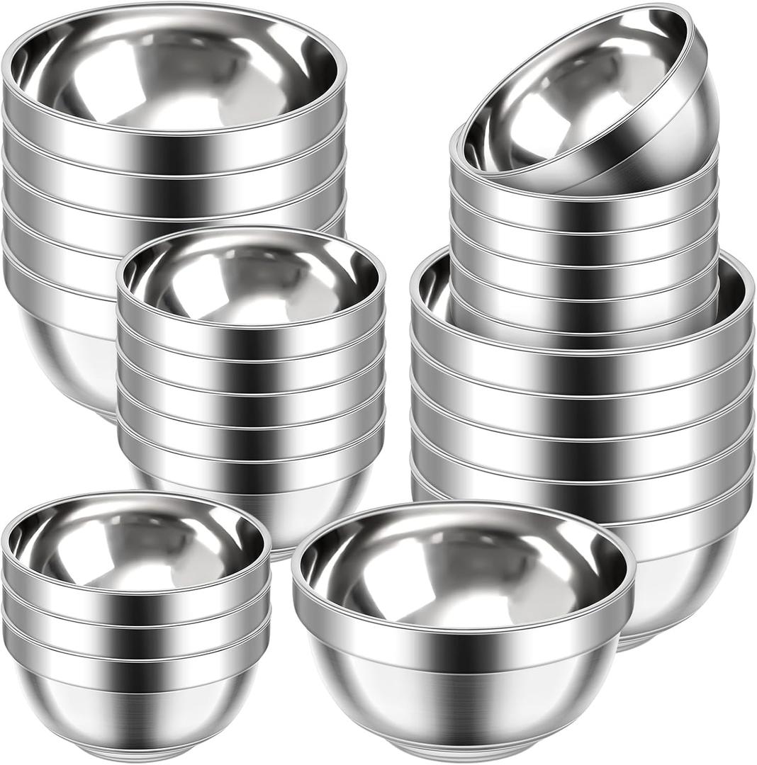Mimorou 20 Pack 304 Stainless Steel Bowls Set 13oz 20oz Metal Double Walled Insulated Snack Mixing Lightweight Multipurpose Toddler Dinner Bowls for Ice Cream, Cereal, Snack