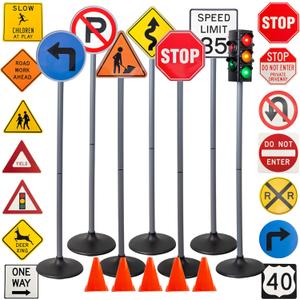 Attatoy Large Traffic Signs Playset (32pc Set), 42in Tall Street Sign and Traffic Light Set for Play with Ride-On Cars and Vehicles