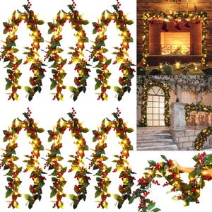 6 Pcs Christmas Garland with 30 LED Lights 36 ft Berry Artificial Garland Warm LED Christmas Decorations Xmas Green Table Decor for Indoor Outdoor Fireplace Stairs Mantel Door Holiday