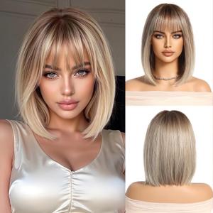 Ombre Blonde Wig With Bangs Short Bob Straight Wig For Women Synthetic Hair Wigs for Daily Party Cosplay Wear